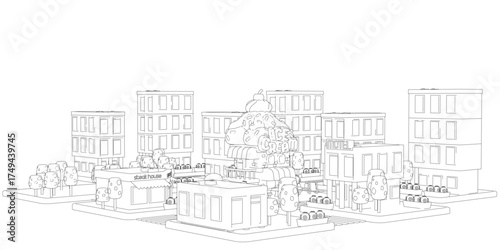 A contour drawing of a town features a detailed ice cream shop among buildings and trees.