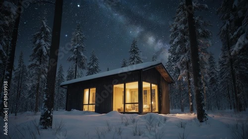 Lit cabin in snowy forest under a starry sky at night