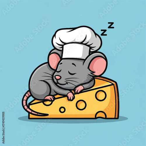 Wearing a cook’s hat, the adorable mouse dozes off on cheese.