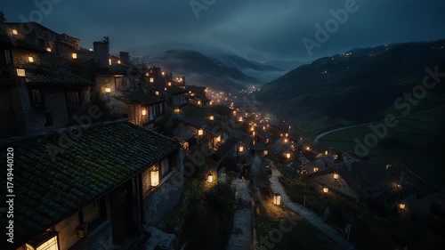 A quaint village nestled in a valley illuminated by lanterns at dusk