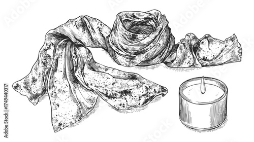 A detailed black and white illustration of a candle beside a draped scarf, showcasing texture and folds