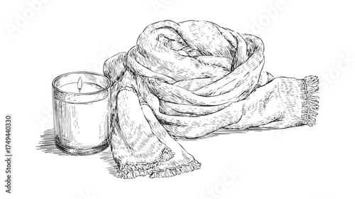 A detailed black and white illustration of a candle beside a draped scarf, showcasing texture and folds