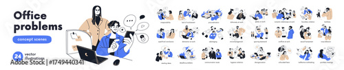 Office problems set. Troubles in business communication, difficulties at work, crisis, mistakes, harassment and conflict among employees, workers. Flat vector illustration isolated on white background