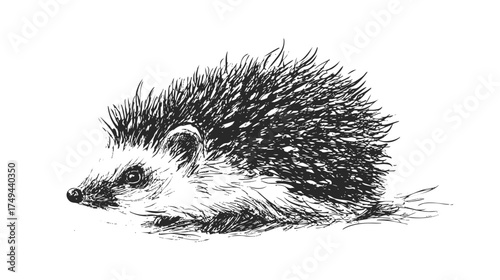 A detailed black and white illustration of a hedgehog with spiky quills, lying on the ground