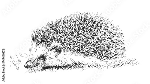A detailed black and white illustration of a hedgehog with spiky quills, lying on the ground