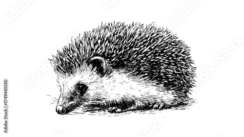 A detailed black and white illustration of a hedgehog with spiky quills, lying on the ground