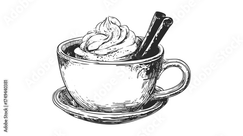 A beautifully illustrated cup of hot chocolate topped with whipped cream and cinnamon sticks, placed on a saucer