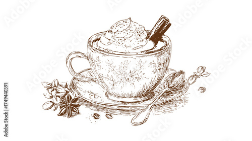 A beautifully illustrated cup of hot chocolate topped with whipped cream and cinnamon sticks, placed on a saucer