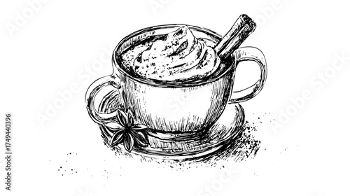 A beautifully illustrated cup of hot chocolate topped with whipped cream and cinnamon sticks, placed on a saucer