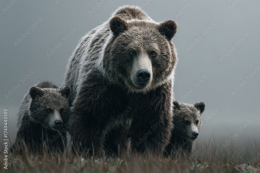 Fototapeta premium Momma Bear in the Wild: An Endearing Image of a Brown Bear and Cubs