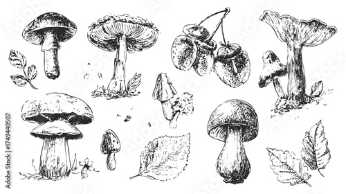 A collection of hand-drawn mushrooms in various shapes and sizes, showcasing detailed textures and forms
