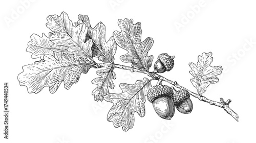 A detailed black and white illustration of an oak branch with leaves and acorns
