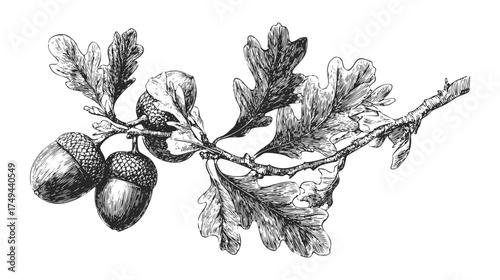 A detailed black and white illustration of an oak branch with leaves and acorns