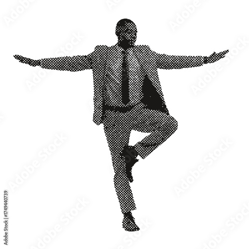 Creative halftone businessman balancing symbolizing challenge and opportunity