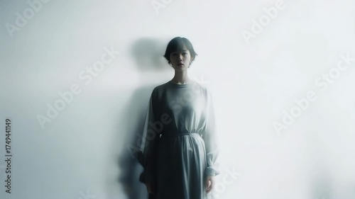 A woman in a flowing dress, surrounded by blurred figures, in a studio shot