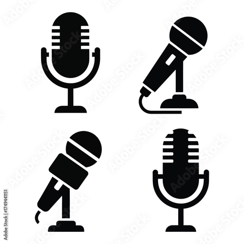 Set of four diverse microphone icons for audio recording live performances and broadcasting applications silhouette