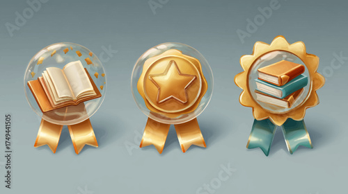 Vector Badge Set with Book and Star Elements in Whimsical Style for Education and Achievement Designs