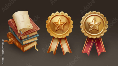 Vector Illustration of Award Medals with Ribbons and Books in Vintage Style for Recognition and Education Themes