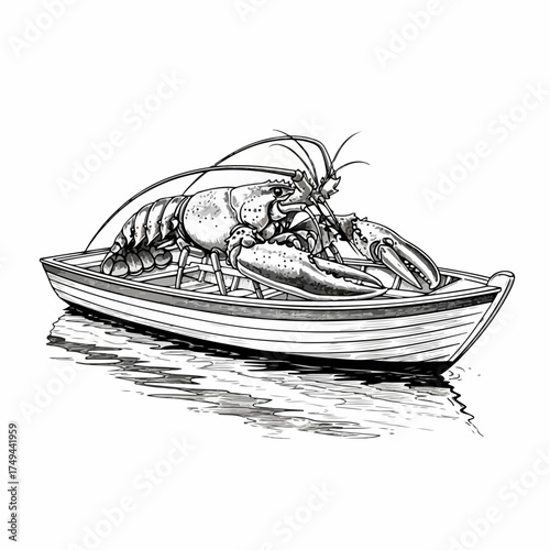 Lobster in boat artistic drawing on white background, featuring crustacean in vessel floating on water. This nautical scene is artistic drawing with sea creature on dinghy, a detailed illustration.