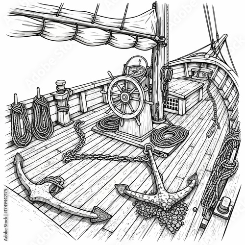 Vintage sailing ship deck with anchors and steering wheel, nautical adventure vector illustration. Old vessel equipment for maritime exploration and sea voyage.