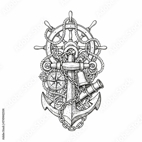 Nautical anchor with ropes and ship wheel in vector style, marine symbol for decoration. Anchor icon with compass and binoculars for sailing and navigation. Vector nautical emblem for maritime design.