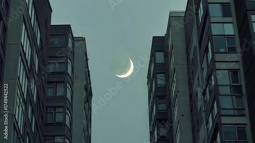 Crescent Moon Ascending Between City Buildings at Twilight Hour