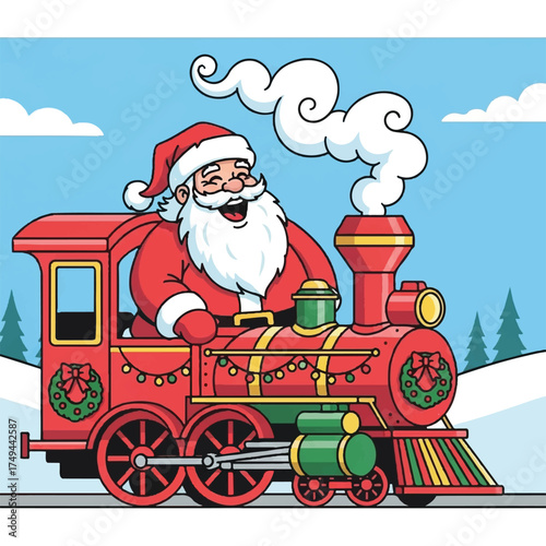 Santa, full of cheer and belly laughs, takes a ride on a train.