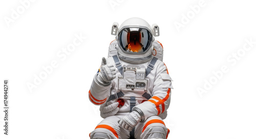 Fototapeta Naklejka Na Ścianę i Meble -  Isolated astronaut giving a thumbs-up gesture, wearing a space suit with orange details