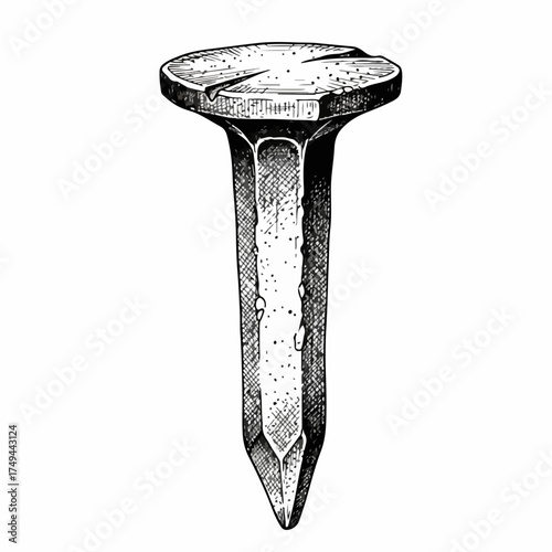 Vintage railroad spike vector illustration, antique railway fastener, historical construction element, industrial hardware detail, vintage tool graphic.