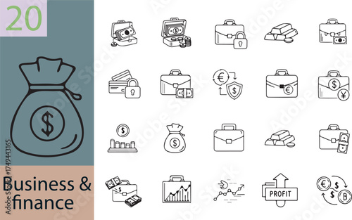Comprehensive business and finance outline icon pack bundle with diverse icons for financial concepts isolated on white background