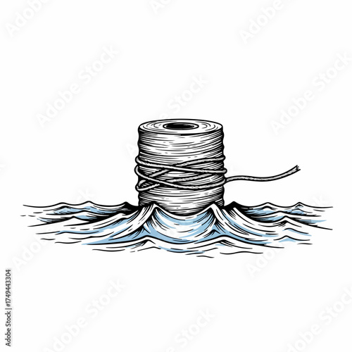 Stylized spool of thread floats amidst gentle waves, creating calming scene. Illustration of spool of thread shows intricate detail and artistic rendering of simple object,