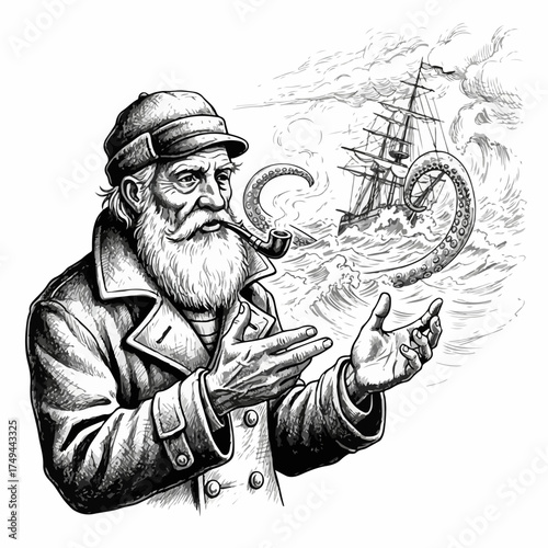 Old sailor story with bearded captain smoking pipe, hands conjuring stormy sea, ship and kraken. Dramatic old sailor story concept emphasizes maritime adventure, legendary tales.