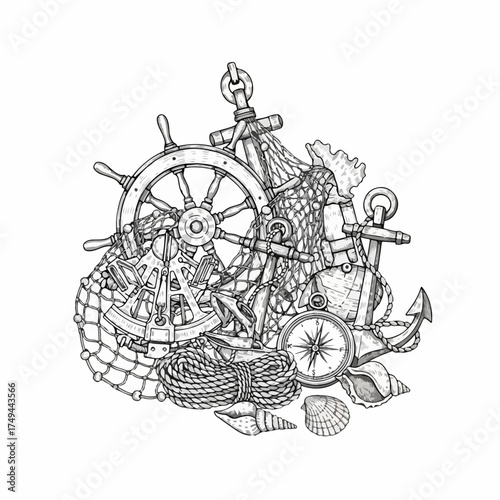 Nautical vector illustration with ship wheel, anchors, fishing net, compass, and seashells on white background. Marine symbols and objects for decoration and design.