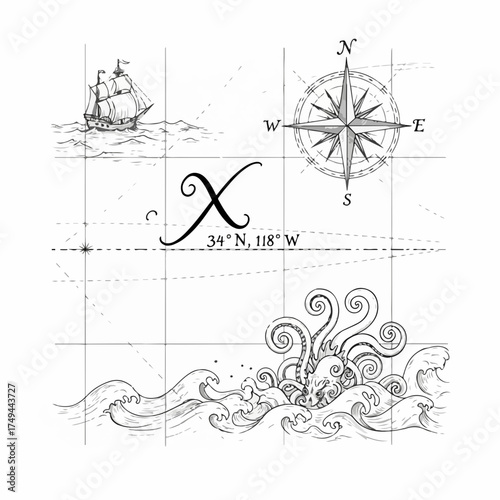 Hand drawn treasure map illustration features sailing ship, compass rose, marked location. Detailed treasure map shows X mark, coordinates, ocean waves, mythical kraken.