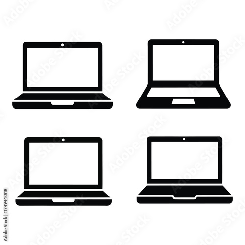 Four simple silhouette laptop computer icons showing different angles and views of portable digital devices silhouette