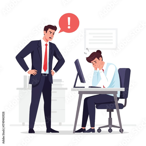 The manager tightly squeezes an overwhelmed office worker.