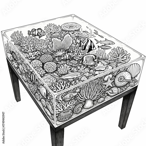 Coral reef table showcases aquatic ecosystem, with hand drawn reef art and various fish species. Coral reef table is a decorative furniture, featuring intricate coral and marine life illustrations.