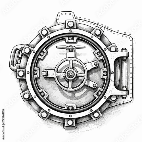 Illustration of submarine hatch, mechanical structure with industrial aesthetics. Submarine hatch illustration in detailed black and white for steampunk enthusiasts, revealing intricate components.