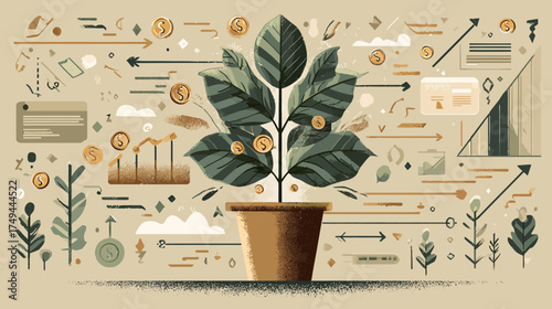 Plant Development, Financial Growth, Infographic Style, Indoor Setting, Vector Illustration