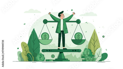 Man Weighing Monetary Value on Scales in Nature, Vector Illustration