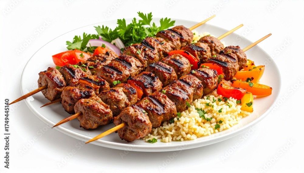 Fototapeta premium Grilled Kofta Meatball Skewers on Rice