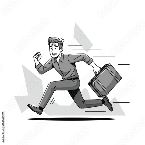 A man with a tense face rushes by, running with his suitcase.