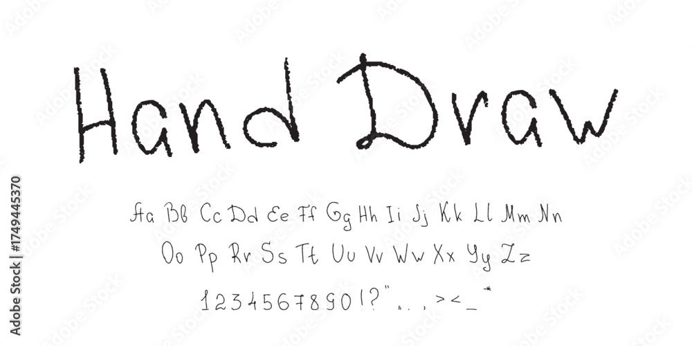 Hand drawn textured font alphabet design with uppercase lowercase letters numbers punctuation isolated on transparent background creative rough artistic lettering sketch style grunge ink graphic