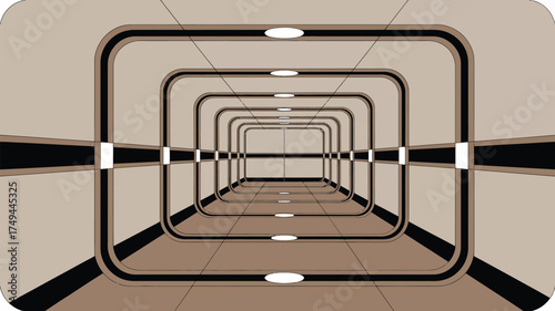 A futuristic tunnel with rectangular frames and lights receding into the distance perspective view