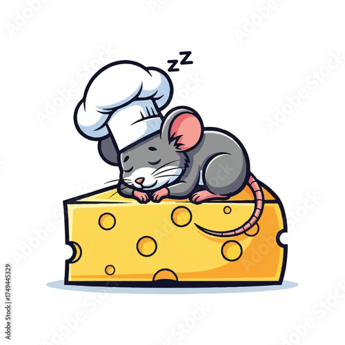 A tiny chef mouse naps peacefully on a cheese
