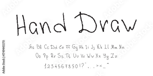 Hand drawn textured font alphabet design with uppercase lowercase letters numbers punctuation isolated on transparent background creative rough artistic lettering sketch style grunge ink graphic