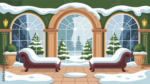 Winter scene with snow covered benches and christmas trees viewed through arched windows in a green room