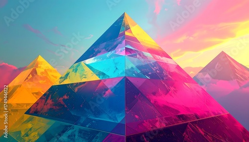 Wallpaper Mural Futuristic multicolor pyramids shining under surreal sky background high resolution photo Torontodigital.ca