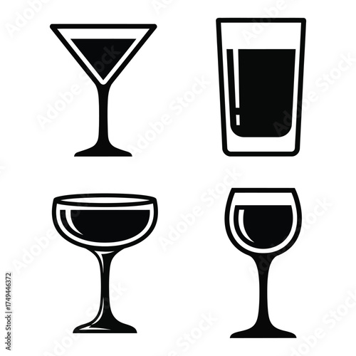 Collection of four distinct alcoholic beverage glasses icons representing martini coupe wine and highball drinkware silhouette