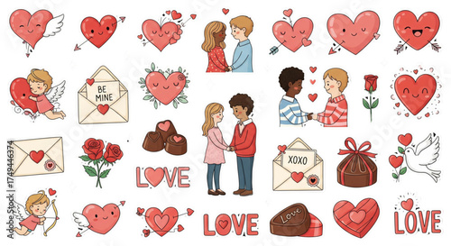 Cute hand drawn Valentine's Day love hearts couples cupid chocolates roses letters vector illustration set